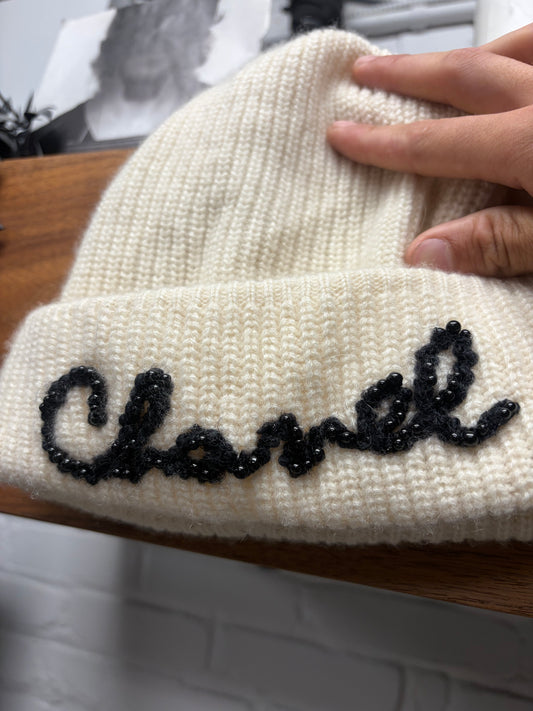 Chanel 100% Cashmere/Resin Pearl Cream ‘Cursive Logo’ Ribbed Knit Beanie