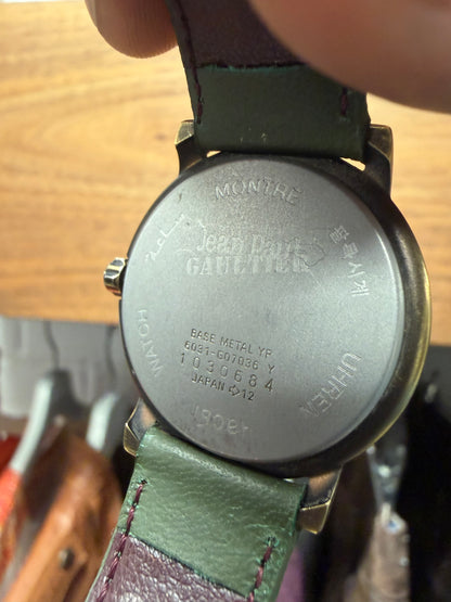 Vintage Jean Paul Gaultier Analog Watch with Green Leather Strap and Gold Dial