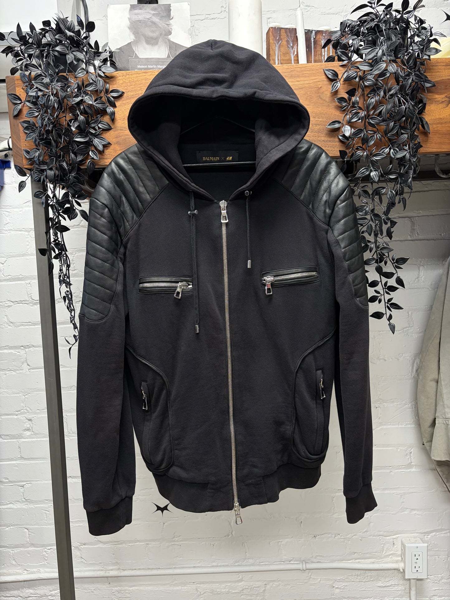 AW2015 Balmain x H&M Leather Moto Padded Black Biker Zip-Up Hoodie