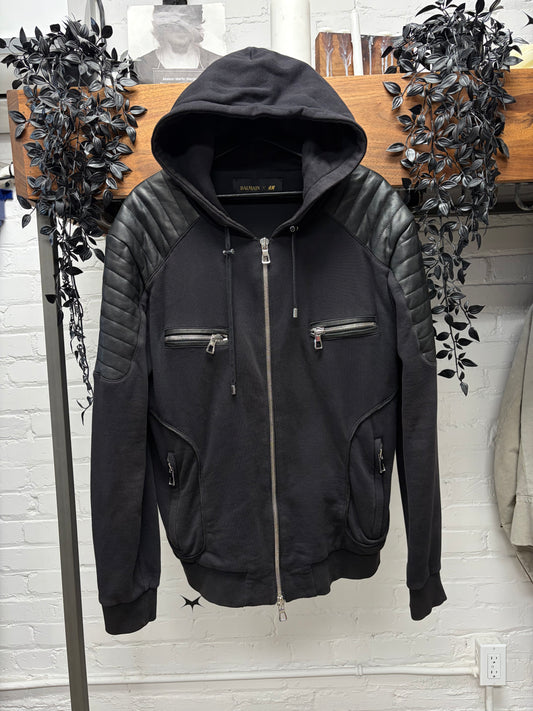 AW2015 Balmain x H&M Leather Moto Padded Black Biker Zip-Up Hoodie