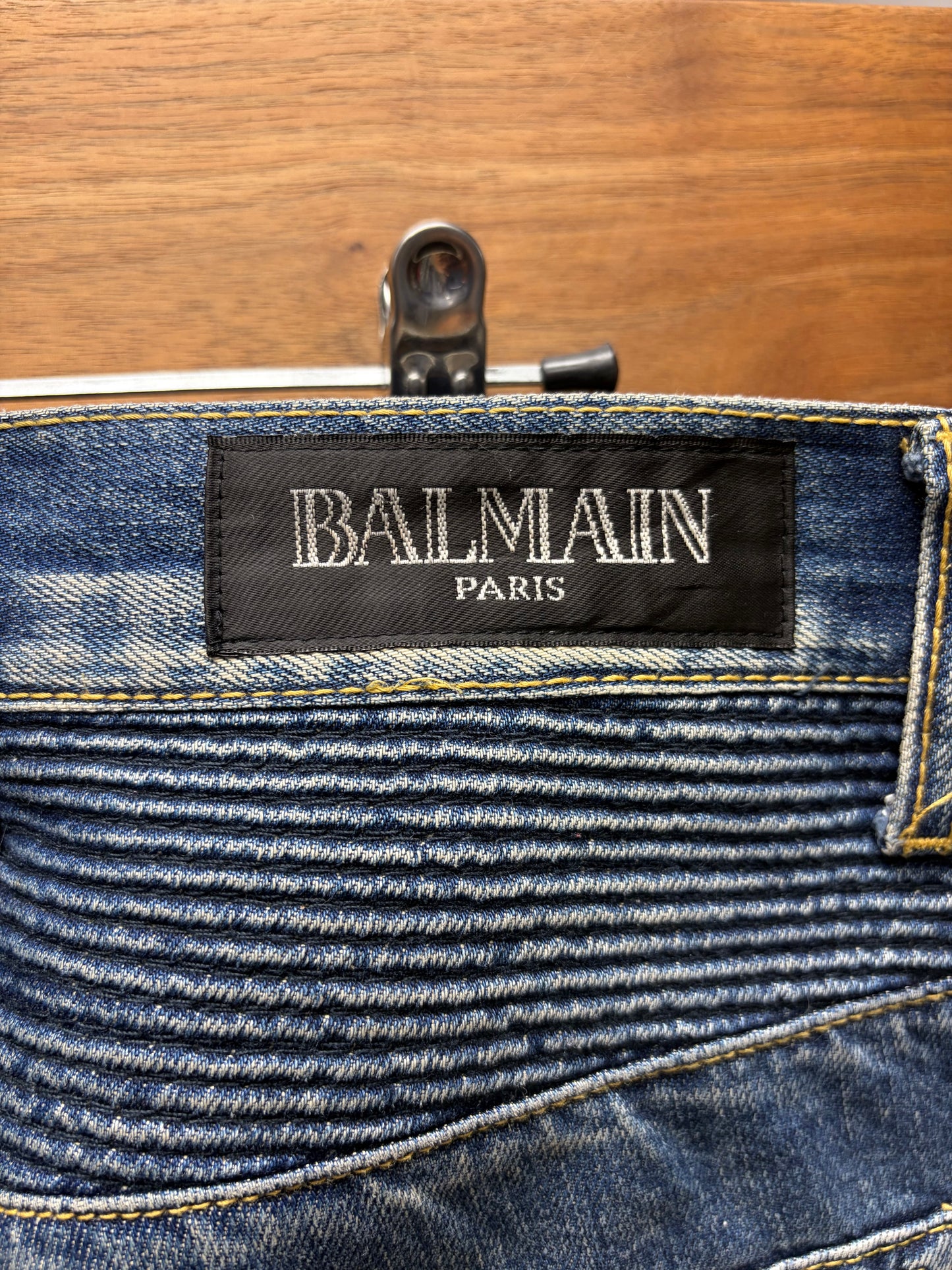 Balmain Washed Blue ‘Paint Splatter’ Biker-Moto Knee Skinny Jeans