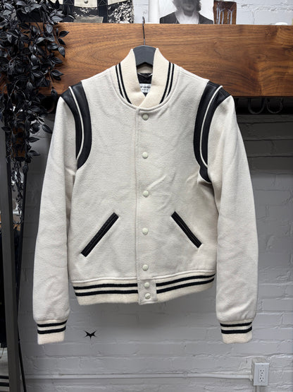 2021 Saint Laurent ‘Teddy’ Wool/Leather Cream White Varsity Jacket