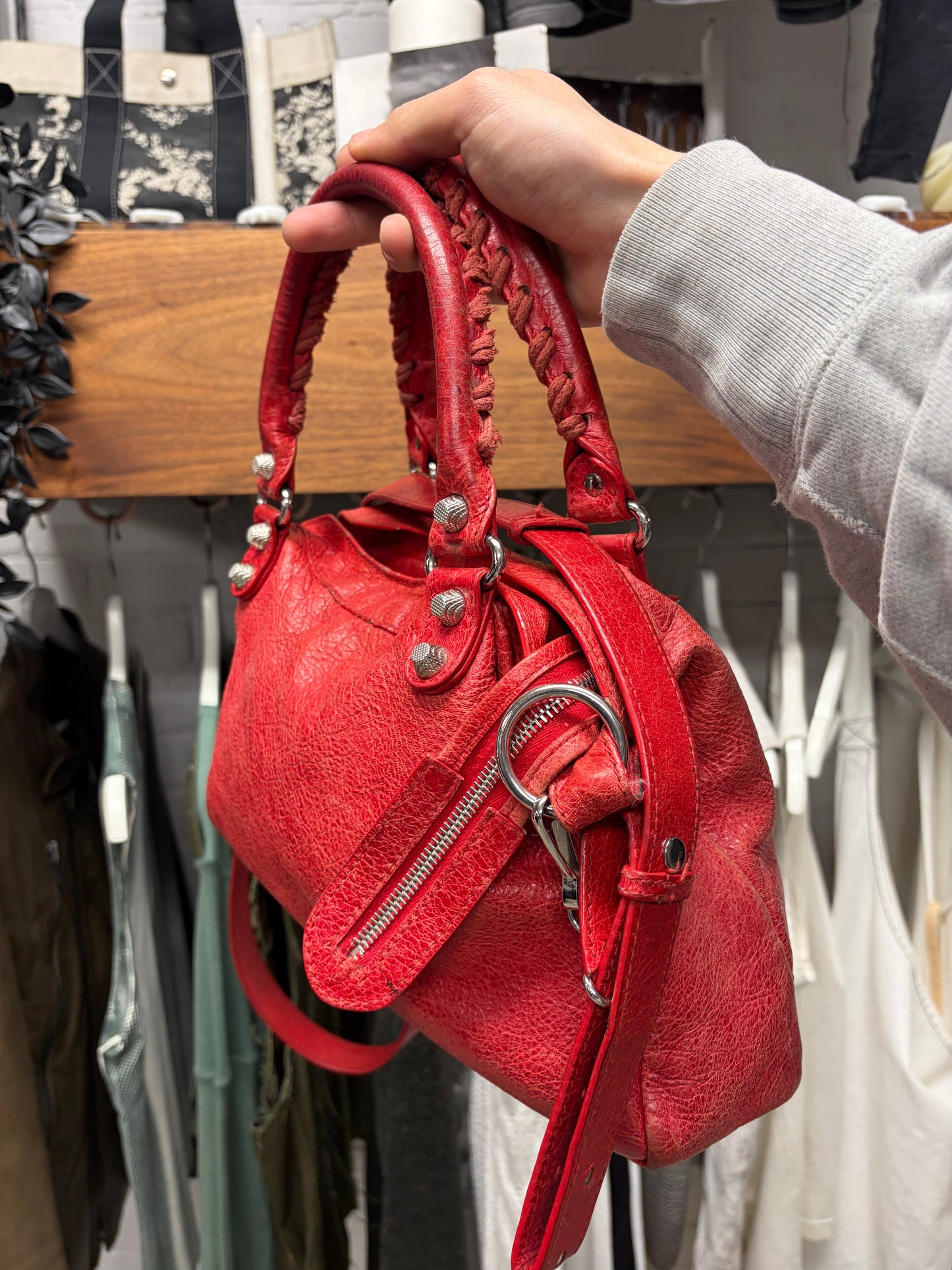 Balenciaga ‘Town’ Red Leather Bag with Silver Toned Hardware and Crossbody Strap