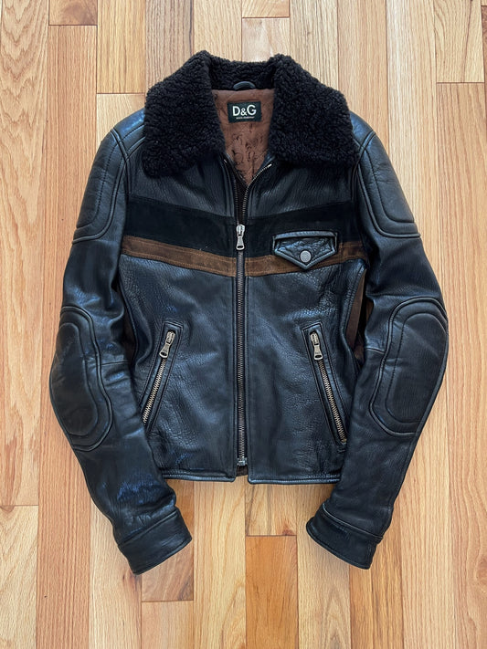 2000’s Dolce & Gabbana Shearling Lined ‘Brown Suede Detailed’ Collared Leather Moto Jacket