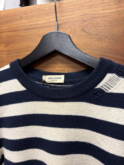 2016 Saint Laurent by Hedi Slimane Distressed Cashmere Navy/White Knit Sweater