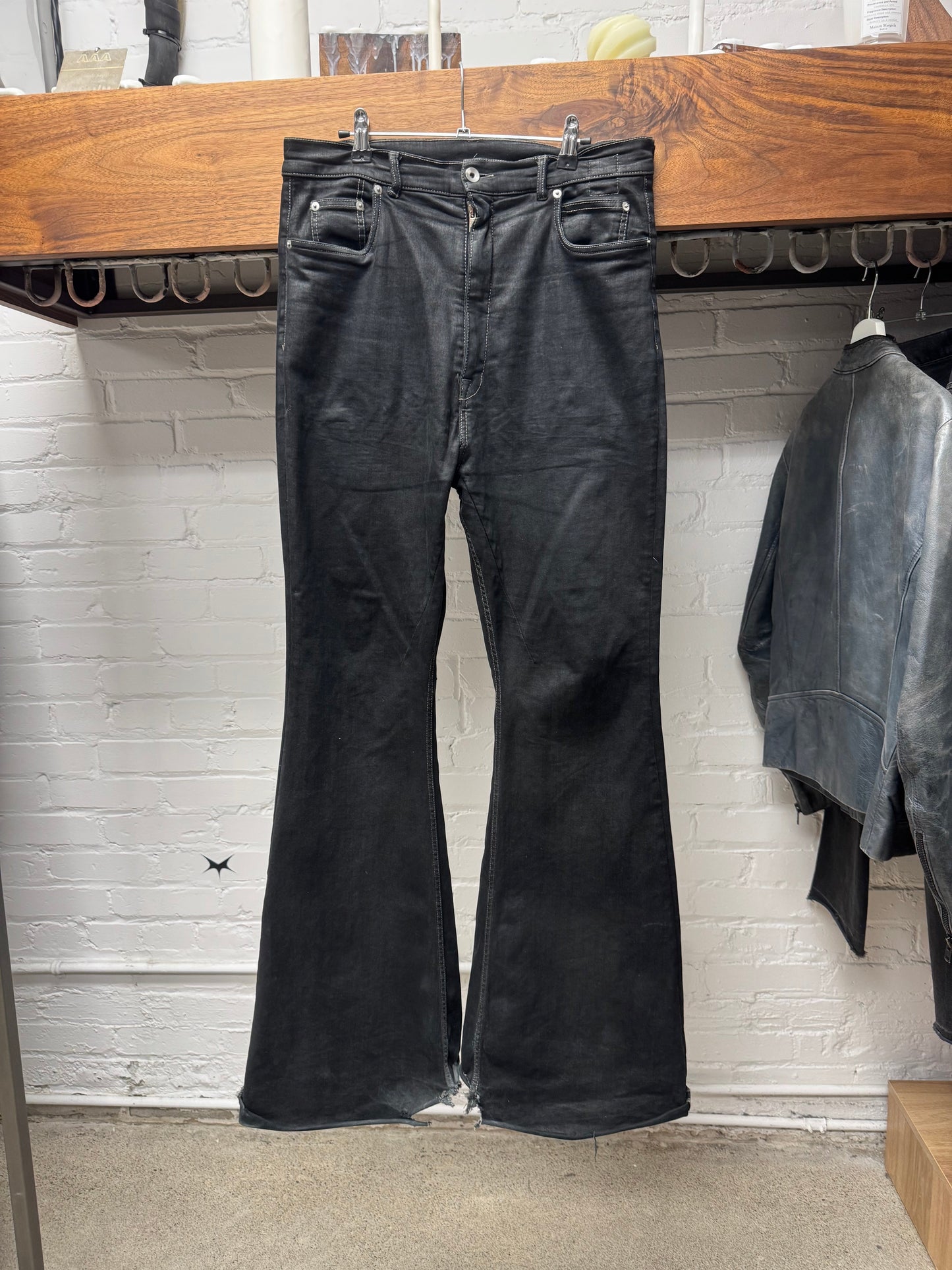 Rick Owens DRKSHDW ‘Bolans’ Bootcut Waxed Black Flared Denim