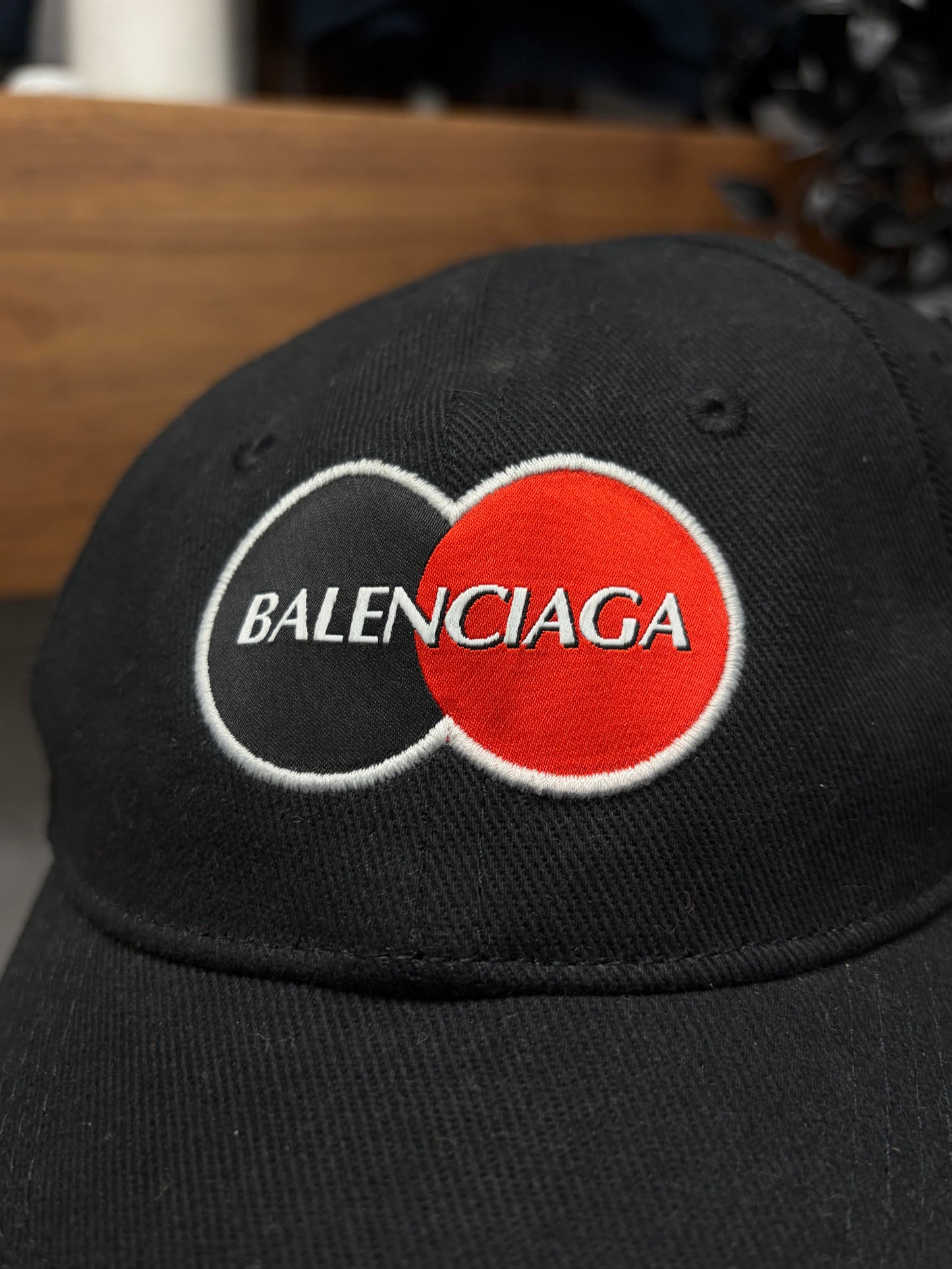 SS2020 Balenciaga ‘Mastercard’ Embroidered Logo Black Strap Back Hat