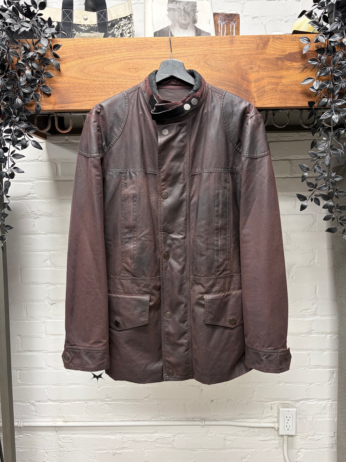 Gucci Waxed Oxblood Red Canvas ‘Boiler’ Jacket with GG Monogram Silk Lined Interior