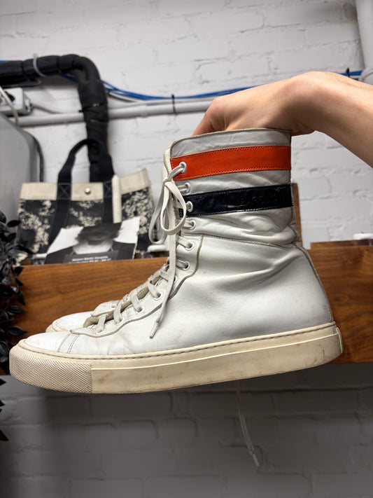 AW2016 Raf Simons White/Orange Striped Leather High Top Sneakers