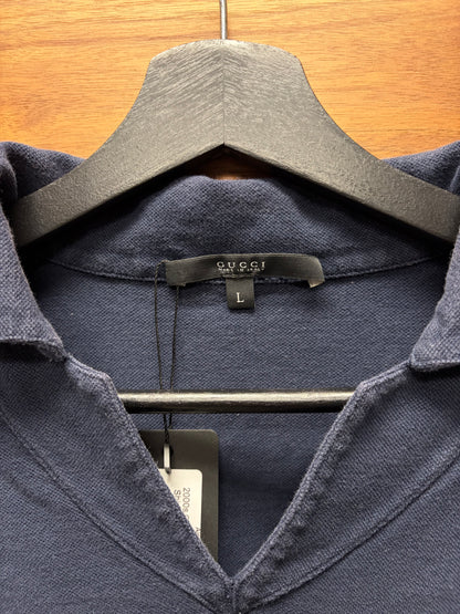 2000s Gucci Low V-Cut Blue Polo Shirt with Embroidered GG Logo