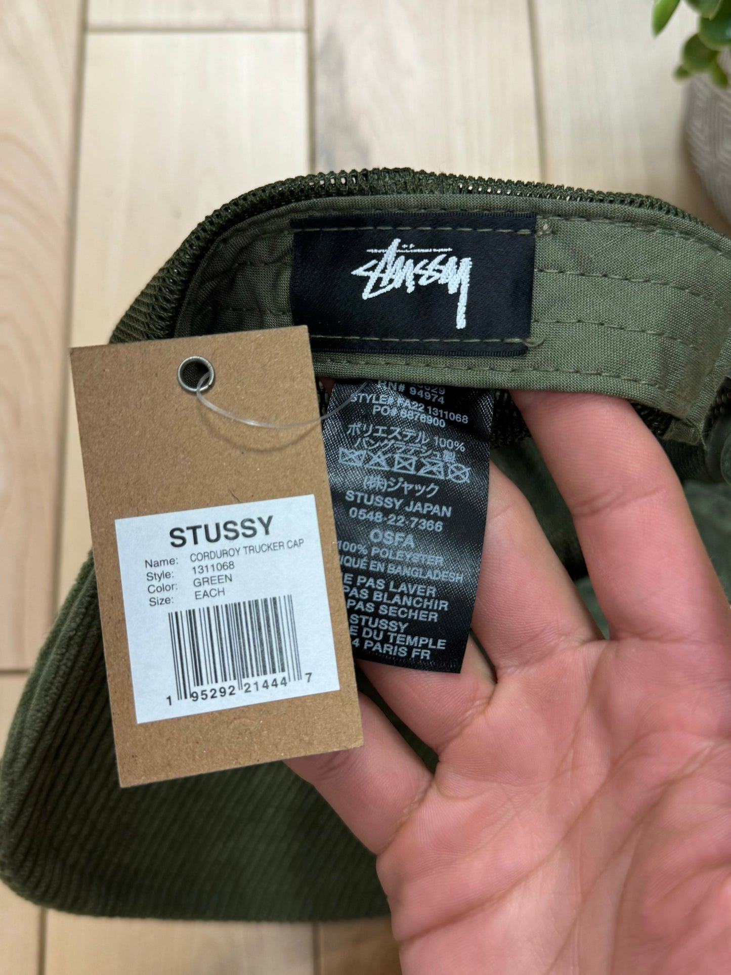 Stussy Corduroy Sage Green/White Strapback Logo Hat