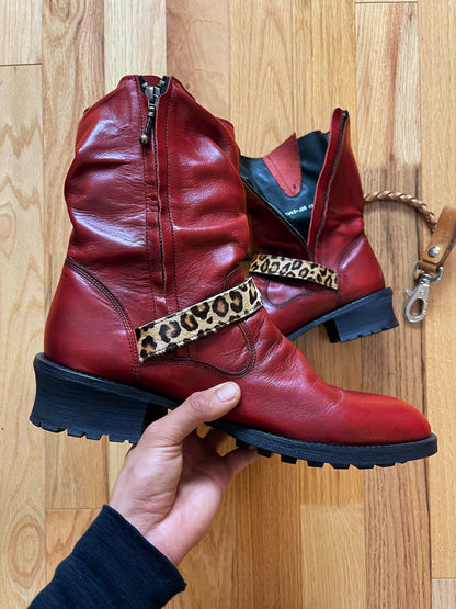 Civarize Leopard Strap Oxblood Red Leather Boots