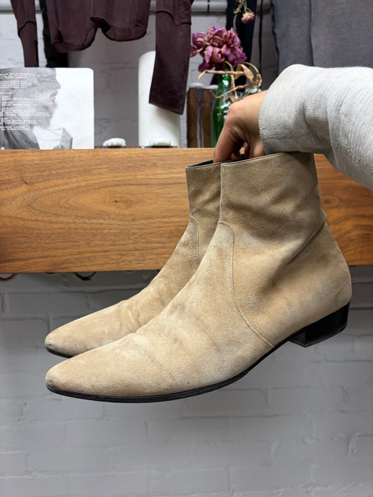 Saint Laurent by Anthony Vacarello Tan Suede Pointed Toe Chelsea Boots