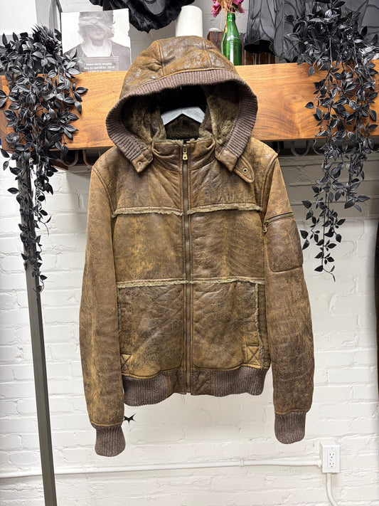 AW2006 Dolce & Gabbana Mainline Brown Rabbit Fur Lined Leather Hooded Bomber Jacket