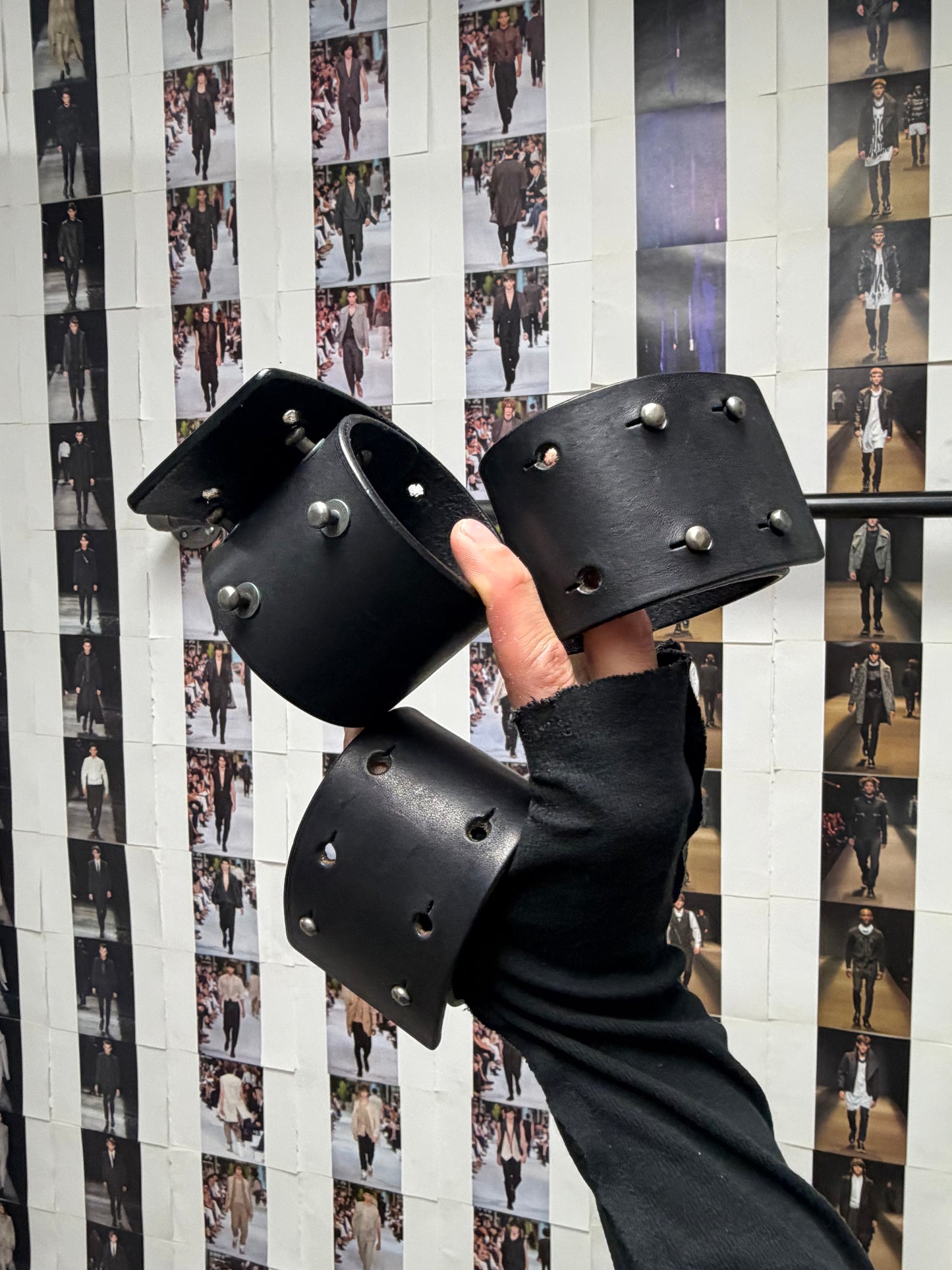 AW2014 Rick Owens ‘Moody’ Wide Black Calfskin Leather ‘Six Stud’ Bracelet