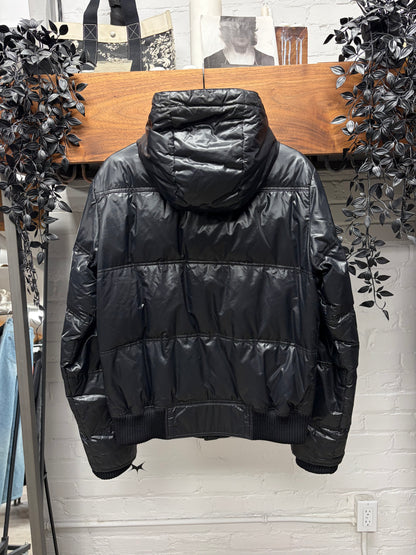 2000s Gucci by Frida Giannini Waxed Black Down Filled Jacket with Leather Crest Patch