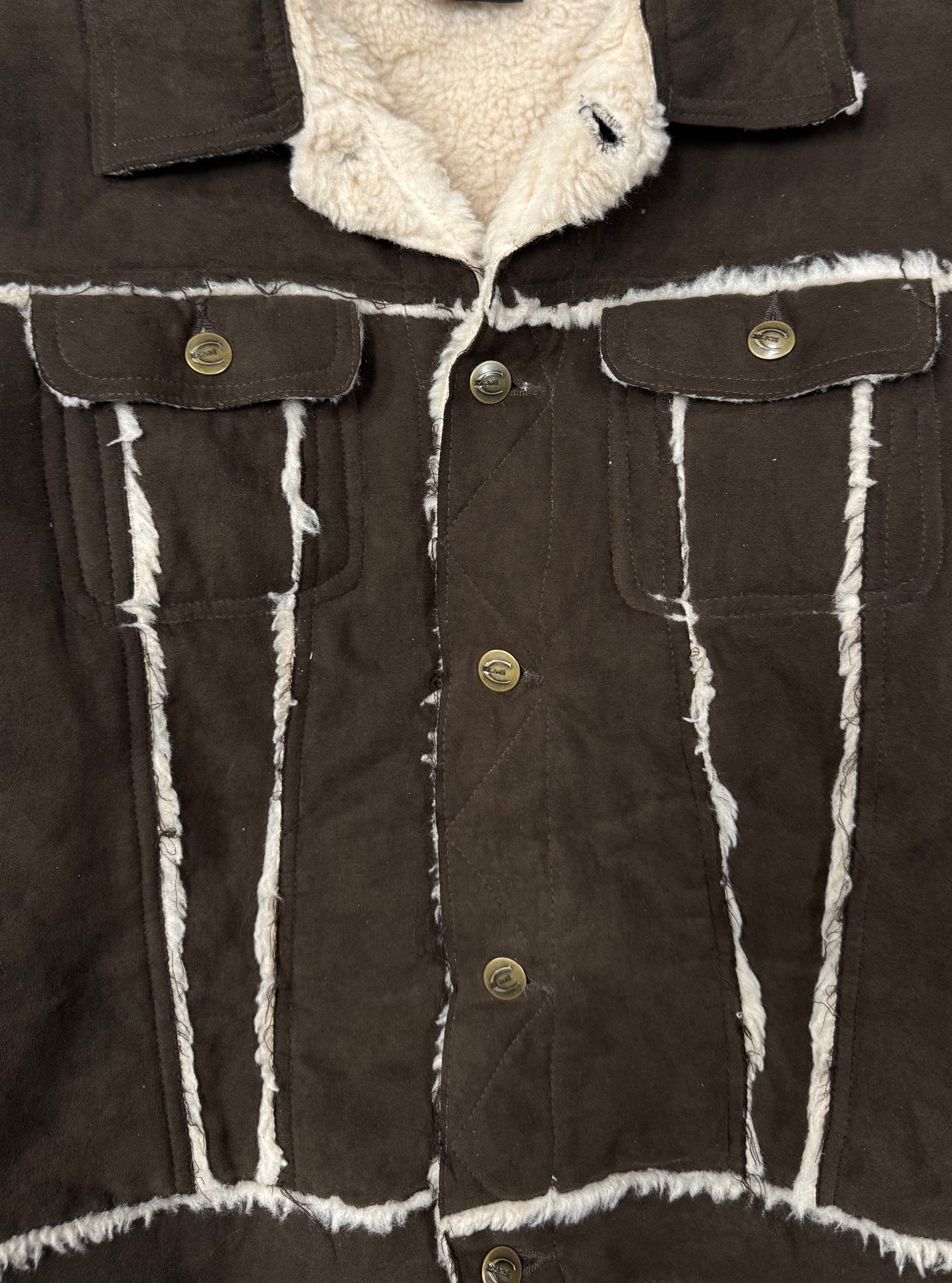 Roberto Cavalli Shearling Trim Brown Suede Trucker Jacket