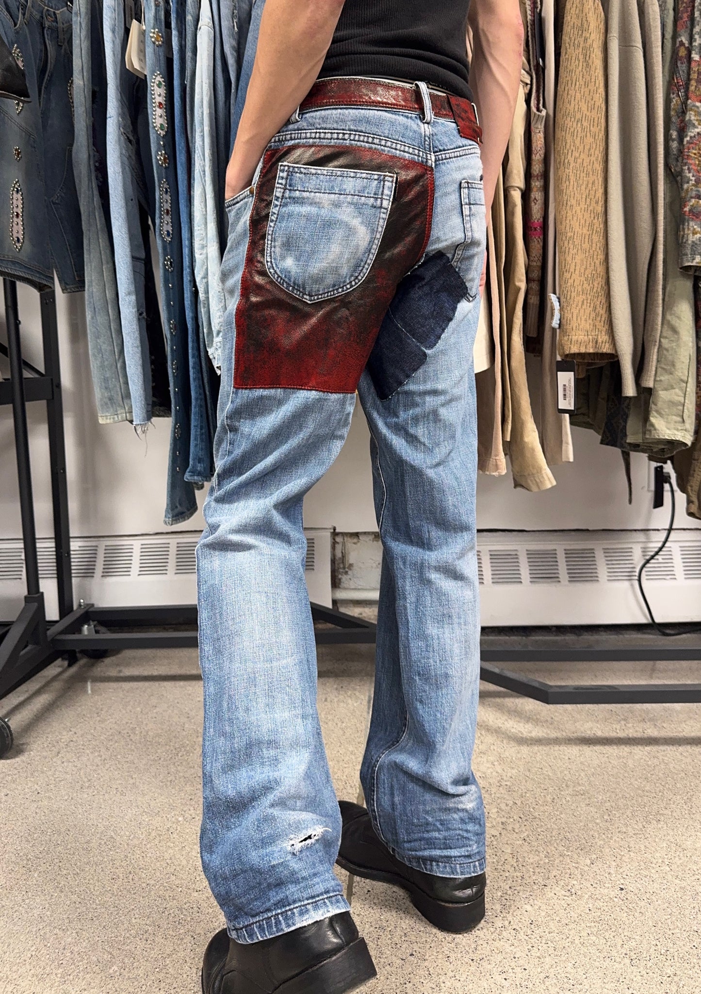 AW2006 Maison Martin Margiela Red Paint Coated Leather Patchwork Denim