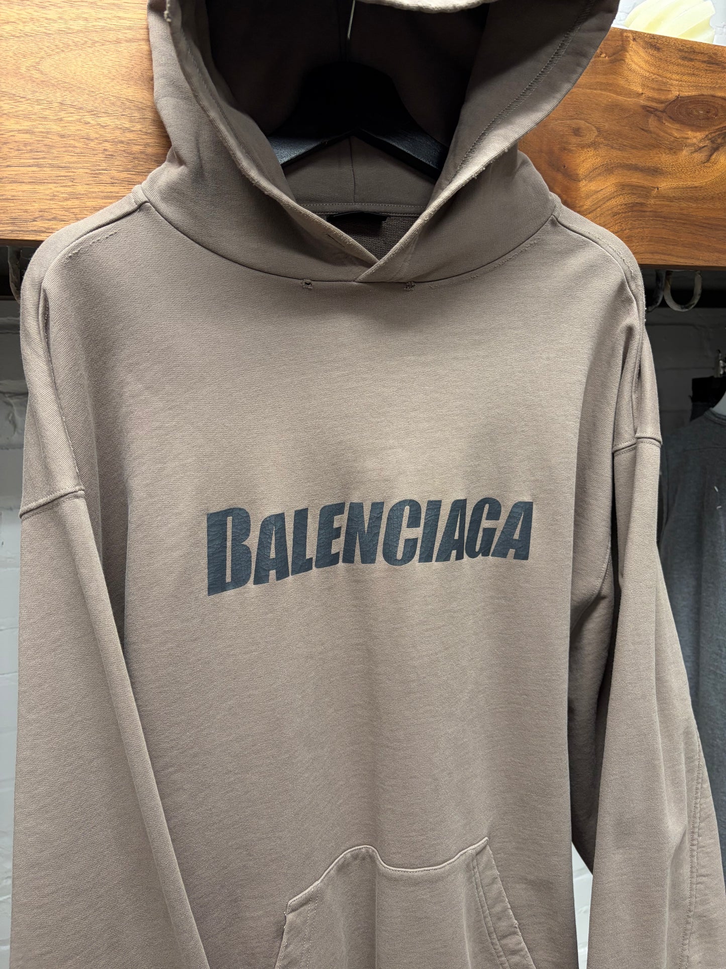 2022 Balenciaga ‘Logo Print’ Distressed Cotton Taupe/Black Pullover Hoodie