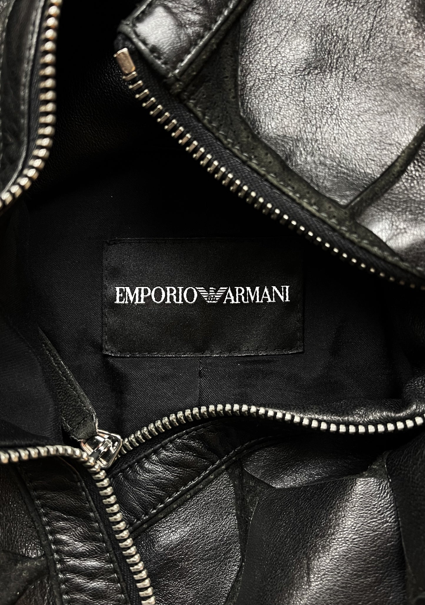 2000s Emporio Armani ‘Plated’ Zip-Up Black Calfskin Leather Jacket