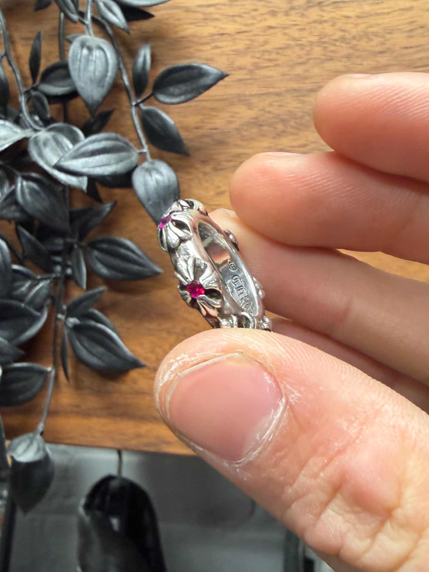 Chrome Hearts ‘Cross Band’ 925 Silver Ring with Factory Set Ruby Stones