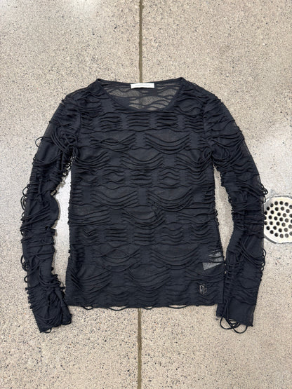 Balmain Loose Gauge Black Distressed Mesh Layered Sweater