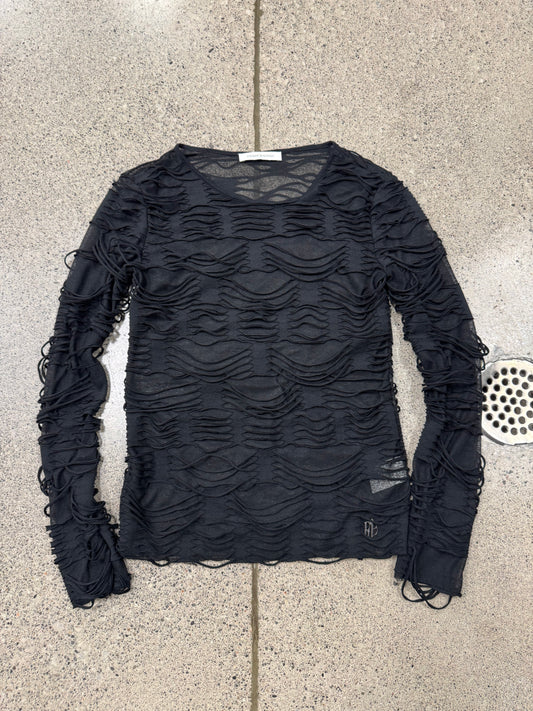 Balmain Loose Gauge Black Distressed Mesh Layered Sweater