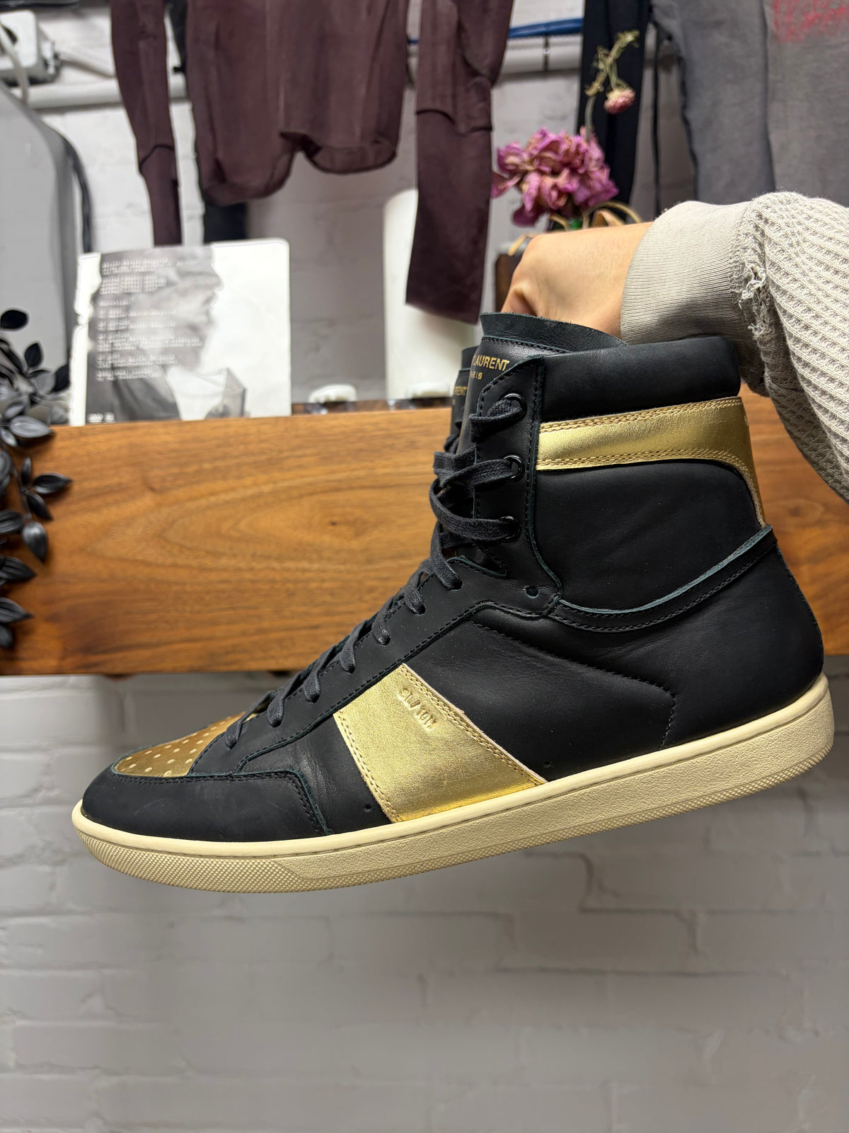 Saint Laurent 'SL/10H' Black/Gold Leather Court High Top Sneakers