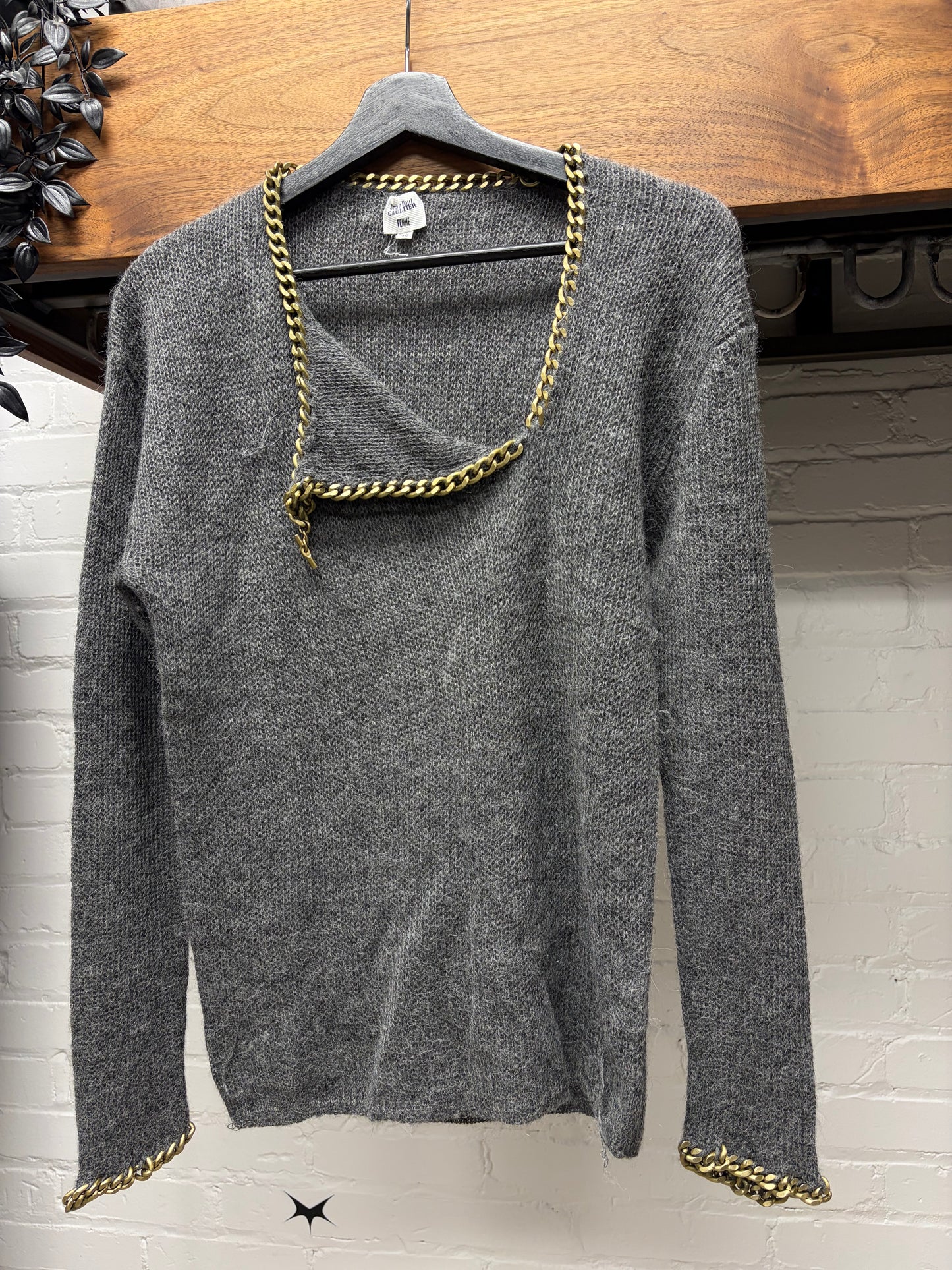 Vintage Jean Paul Gaultier Alpaca Wool ‘Cuban Link’ Grey/Gold Chain Finished Sweater