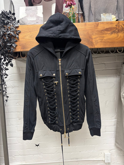 Balmain 'Corset Lace' Black Zip-Up Hoodie with Gold Hardware