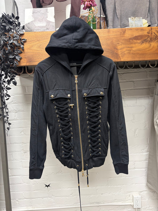 Balmain 'Corset Lace' Black Zip-Up Hoodie with Gold Hardware