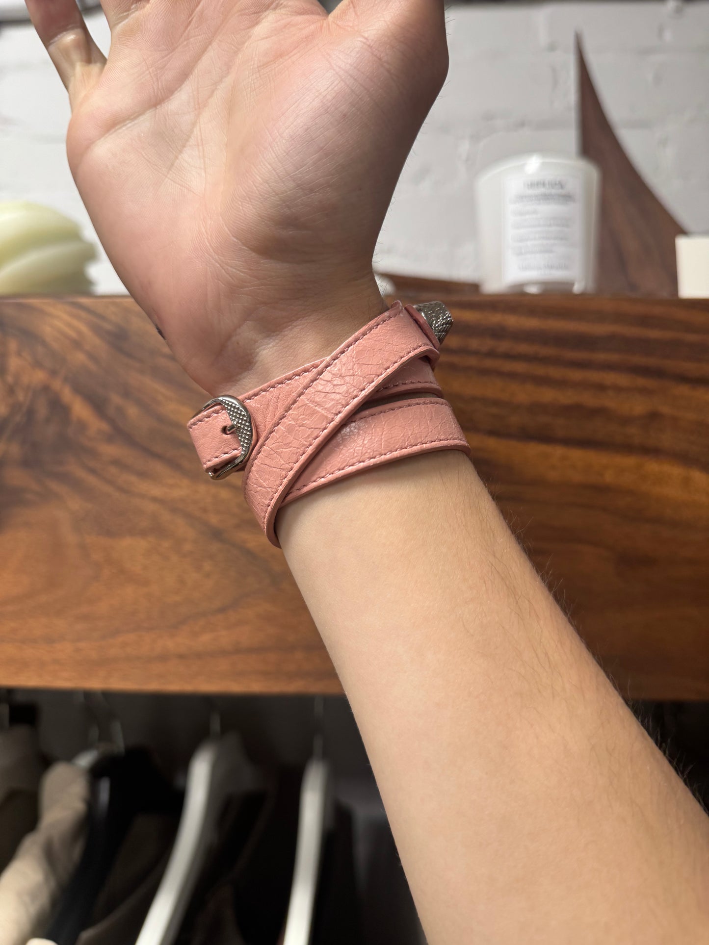 Balenciaga ‘Arena’ Pink Triple Wrap Leather Stud Bracelet