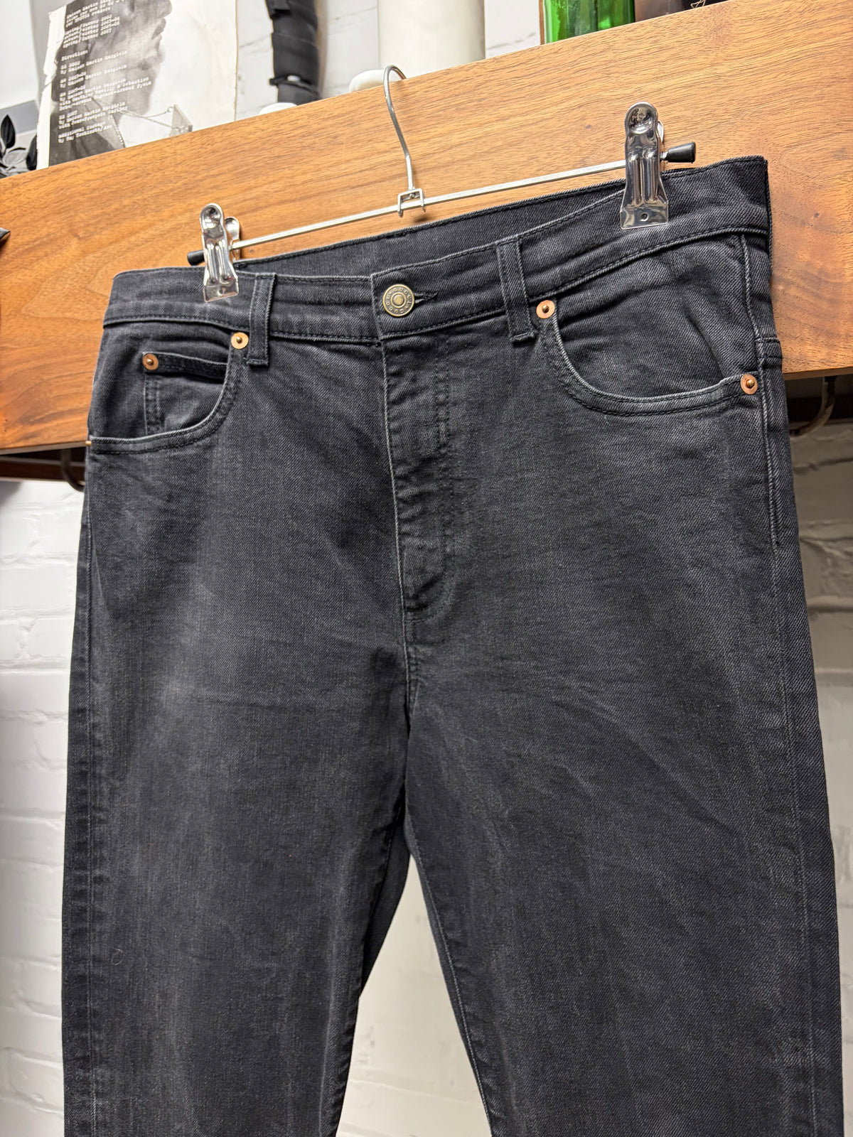 Gucci Faded Black Skinny Jeans with Leather Jacron Patch