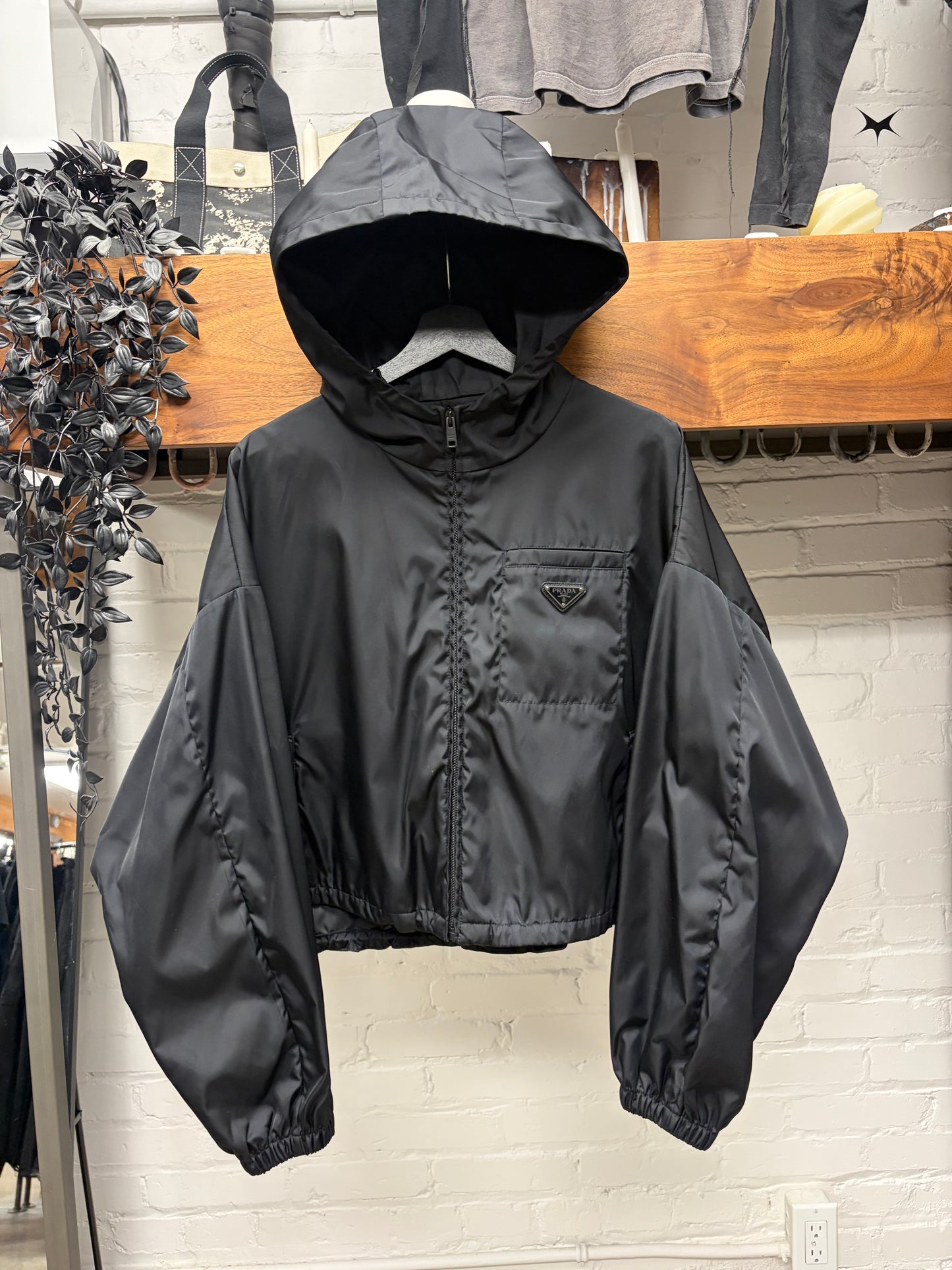 Prada Saffiano Logo Cropped Black Nylon Hooded Windbreaker