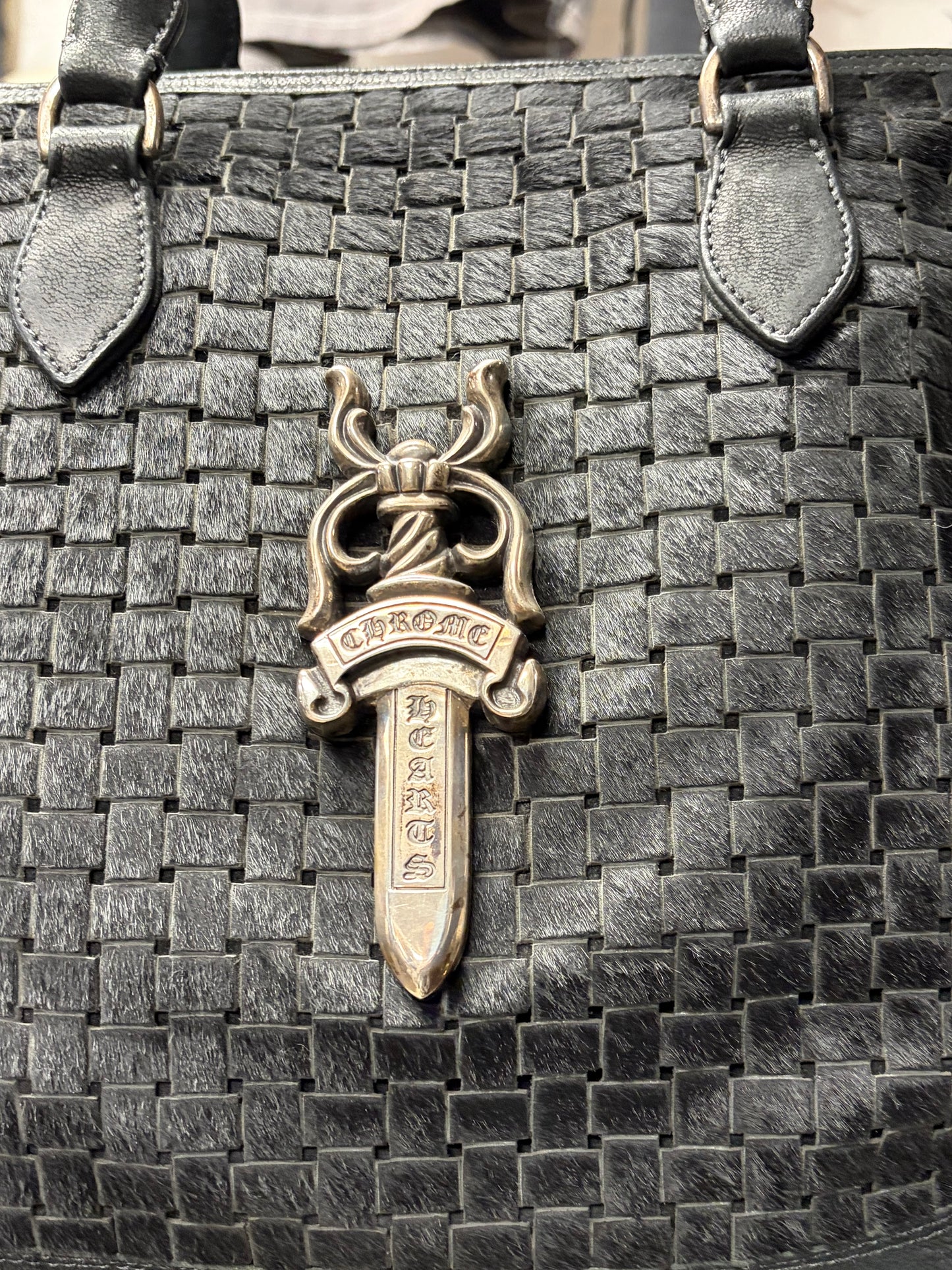 Chrome Hearts Woven Pony Hair ‘Slouchy Mo’ Massive Dagger Black Handbag