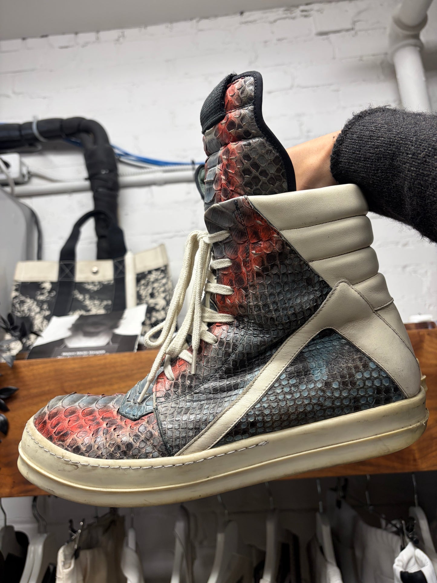 AW2022 Rick Owens ‘Strobe’ Genuine Python Leather ‘Geobasket’ High Top Sneakers