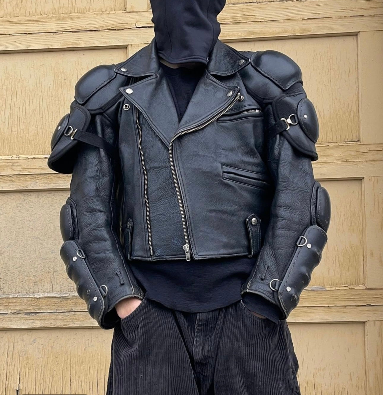 Kadoya ‘Battlesuit’ Armored Black Leather Biker Jacket