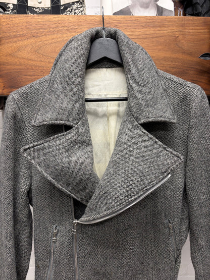 2000s Helmut Lang ‘Herringbone’ Wool Biker Coat with Belted Closure