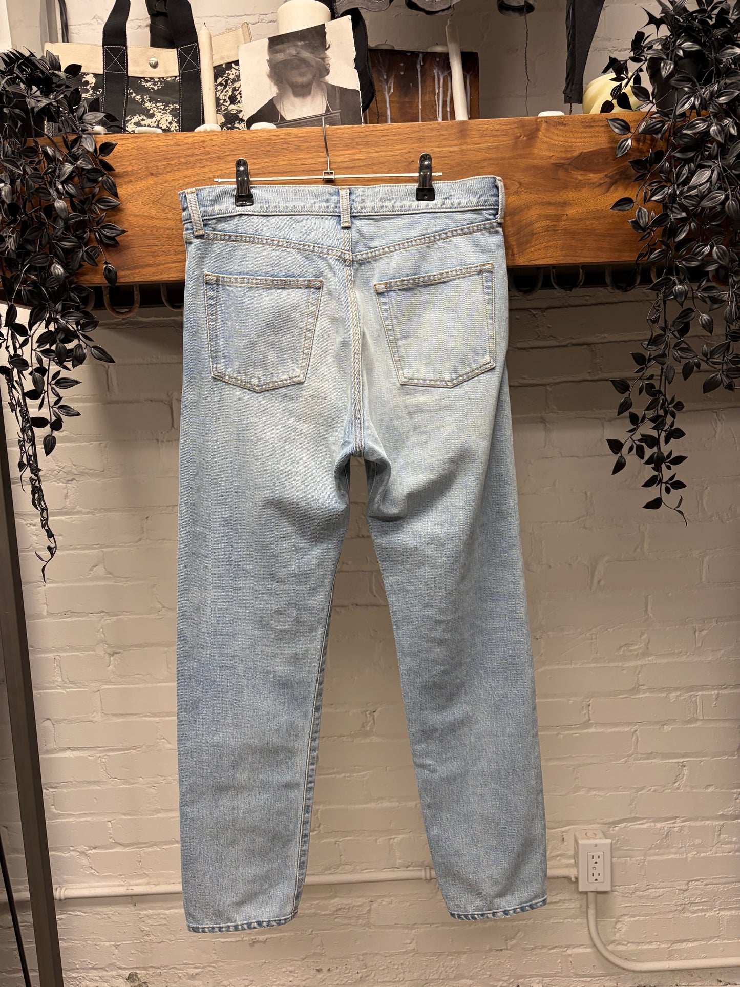 2017 Saint Laurent ‘D02’ Pocket Logo Light Wash Blue Distressed Skinny Jeans