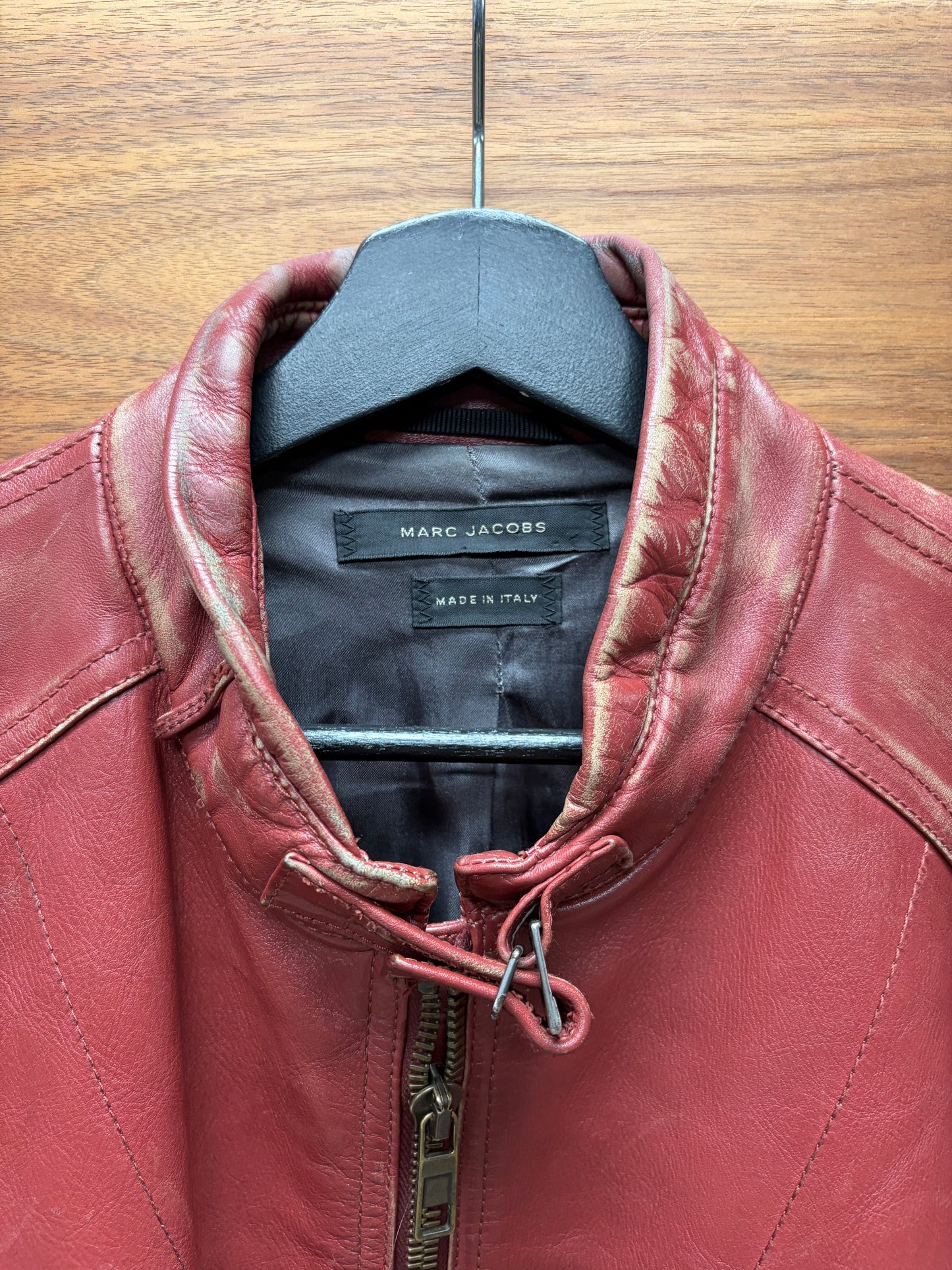 Marc Jacobs Mainline Aged Red Calfskin Leather Moto Jacket