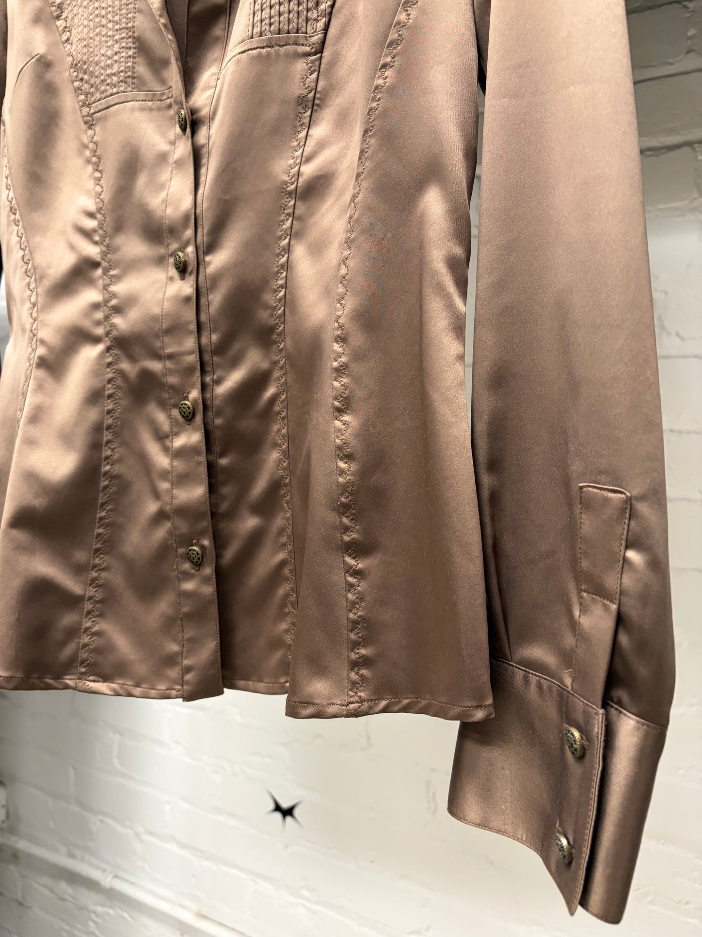 Roberto Cavalli Brown Silk Mandarin Collar Shirt