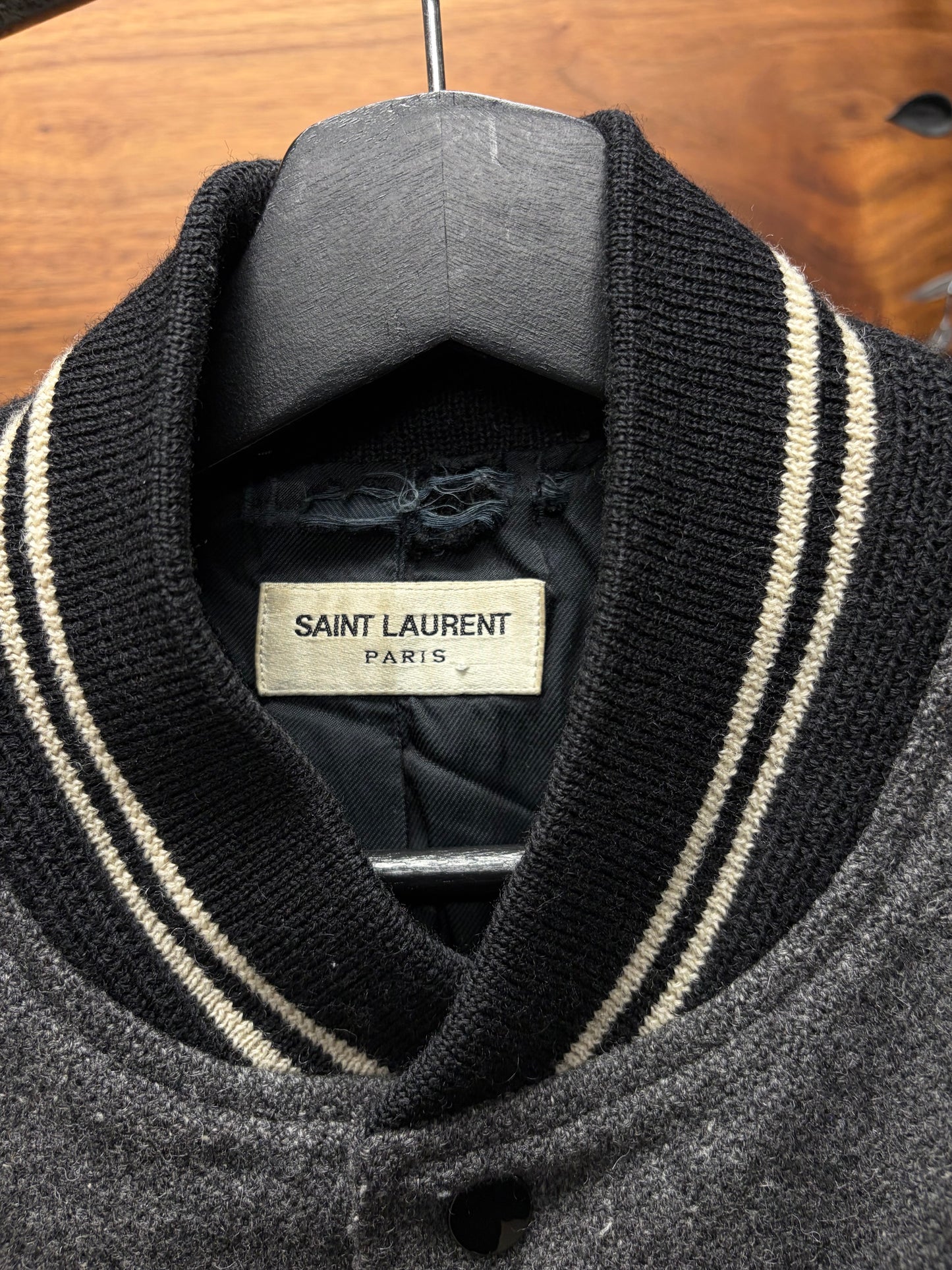 2014 Saint Laurent by Hedi Slimane ‘Teddy’ Grey/Black Wool Varsity Jacket
