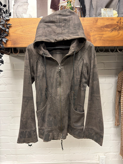14th Addiction ‘Newspaper Print’ Zip Up Hoodie with Leather Tassels