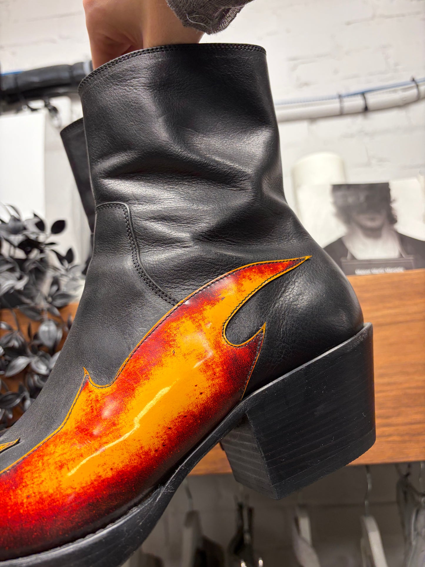 Vetements Flame Appliqué Black Leather Cuban Heel Boots