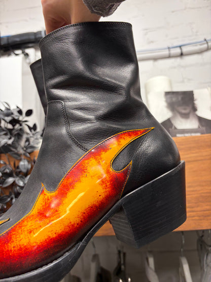 Vetements Flame Appliqué Black Leather Cuban Heel Boots
