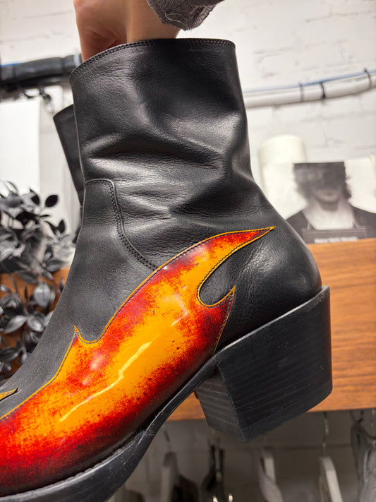 Vetements Flame Appliqué Black Leather Cuban Heel Boots