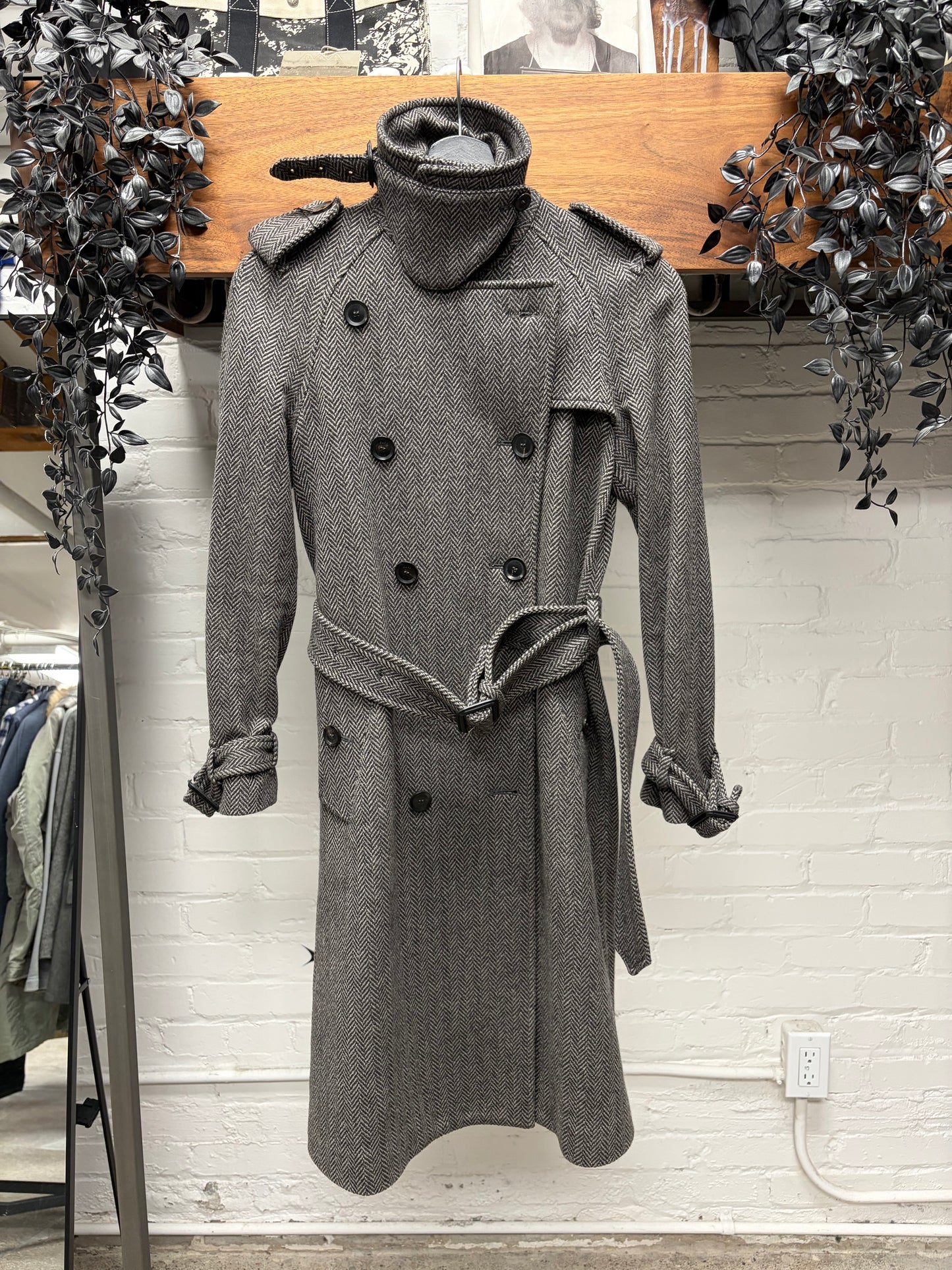 2010s Gucci ‘Herringbone’ High Neck Closure Wool Trench Coat