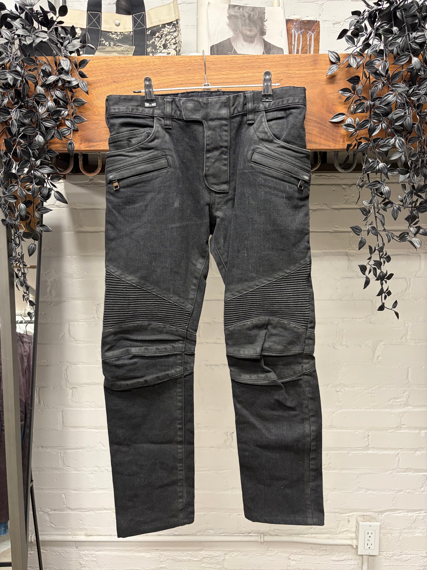 Balmain Waxed Black Skinny Cut Biker Denim