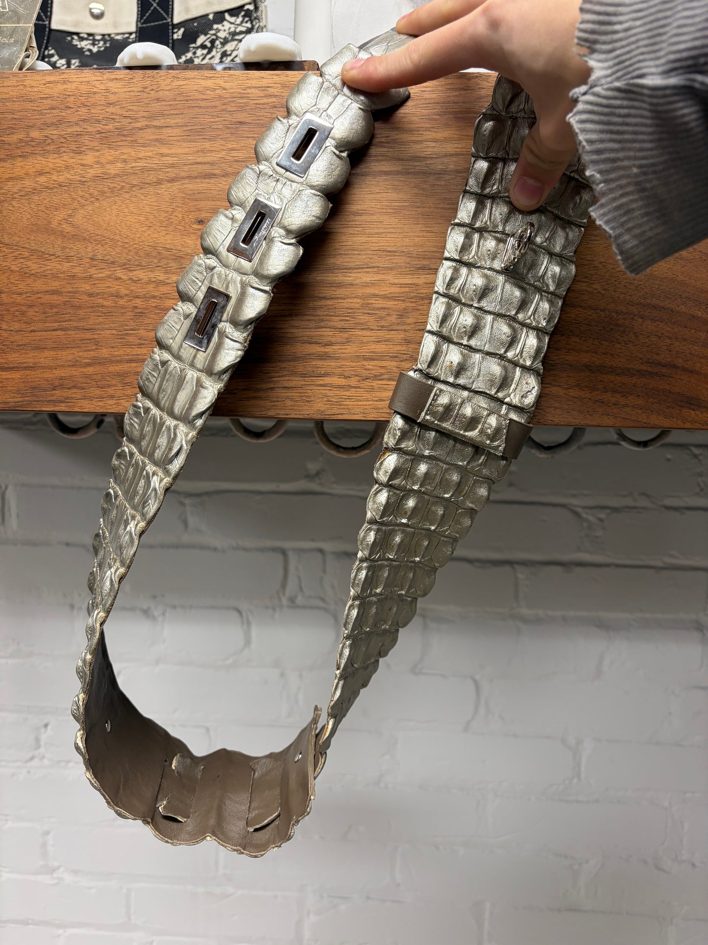 Ferragamo Genuine Crocodile Leather Silver Coated Belt