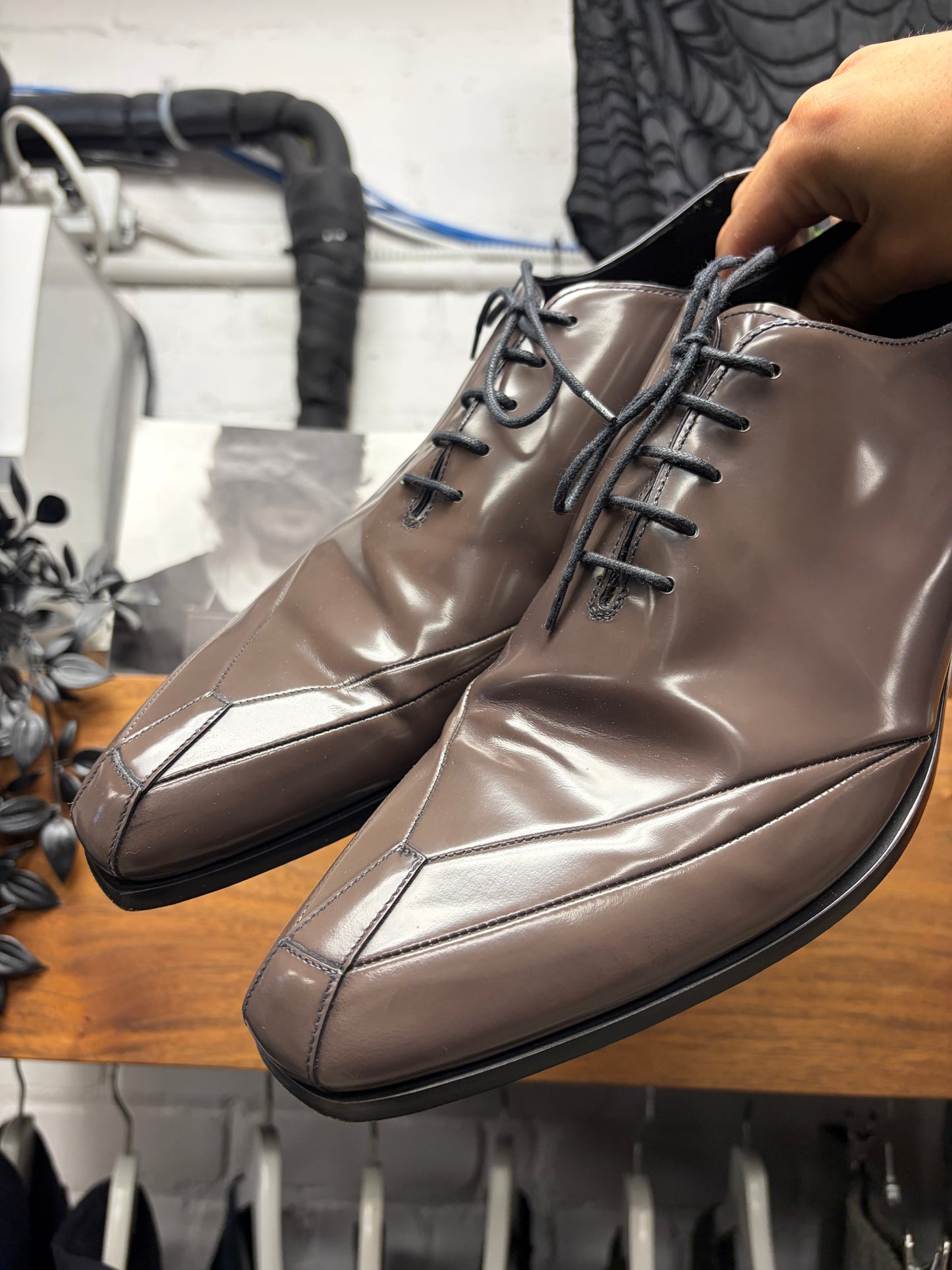 Prada Brown Patent Leather ‘Geometric’ Pointed Toe Derbys